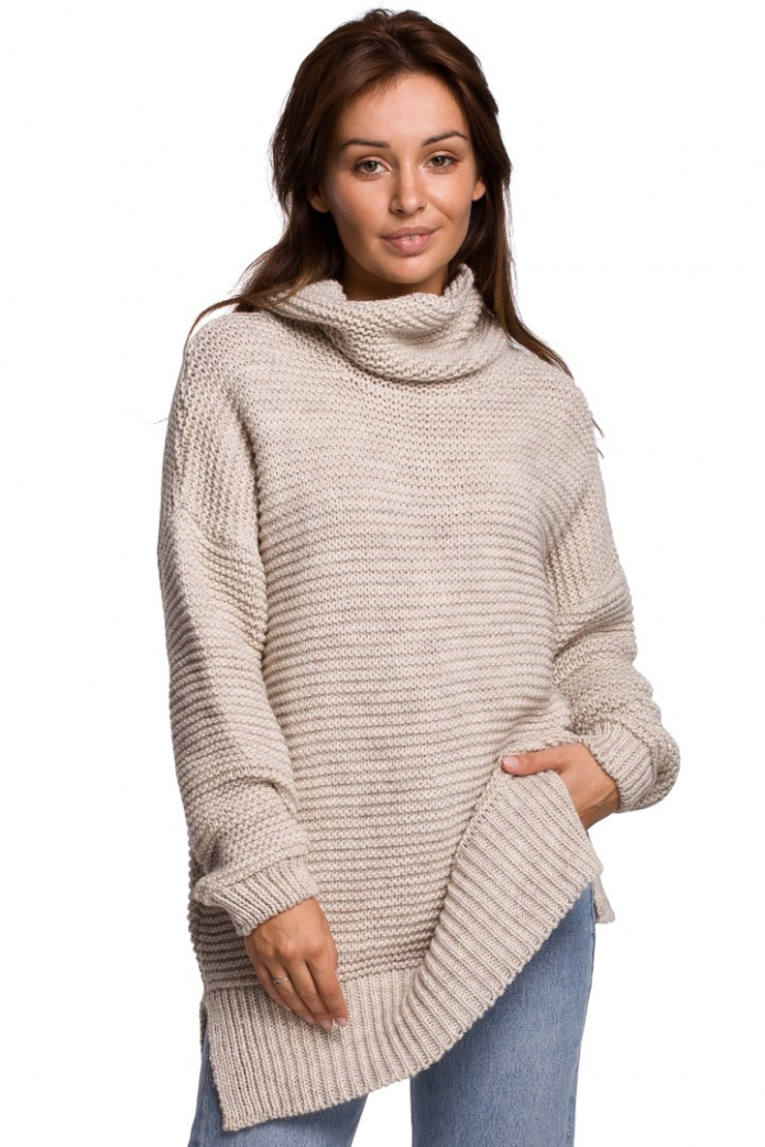 Sweter Damski - Gruby Oversize Z Golfem - beżowy